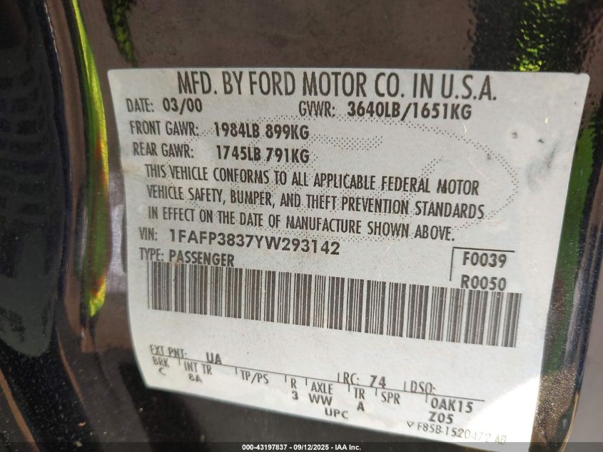 2000 Ford Focus Zts VIN: 1FAFP3837YW293142 Lot: 43197837