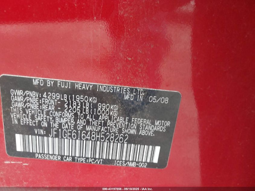 2008 Subaru Impreza 2.5I VIN: JF1GE61648H528262 Lot: 43197856