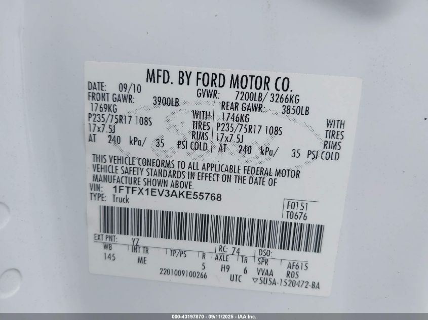 2010 Ford F-150 Fx4/Lariat/Xl/Xlt VIN: 1FTFX1EV3AKE55768 Lot: 43197870