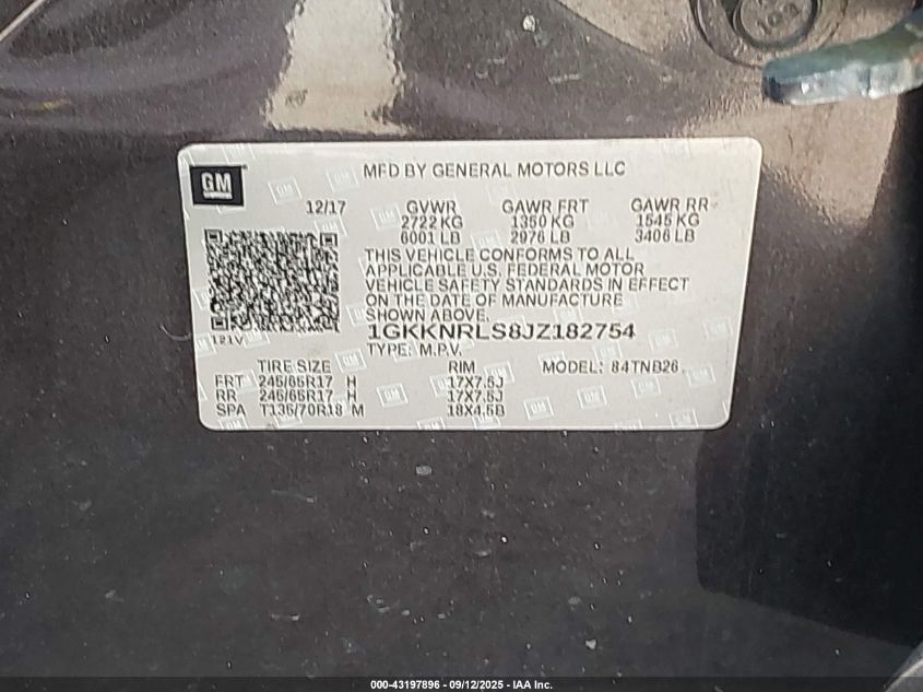 2018 GMC Acadia Sle-1 VIN: 1GKKNRLS8JZ182754 Lot: 43392551