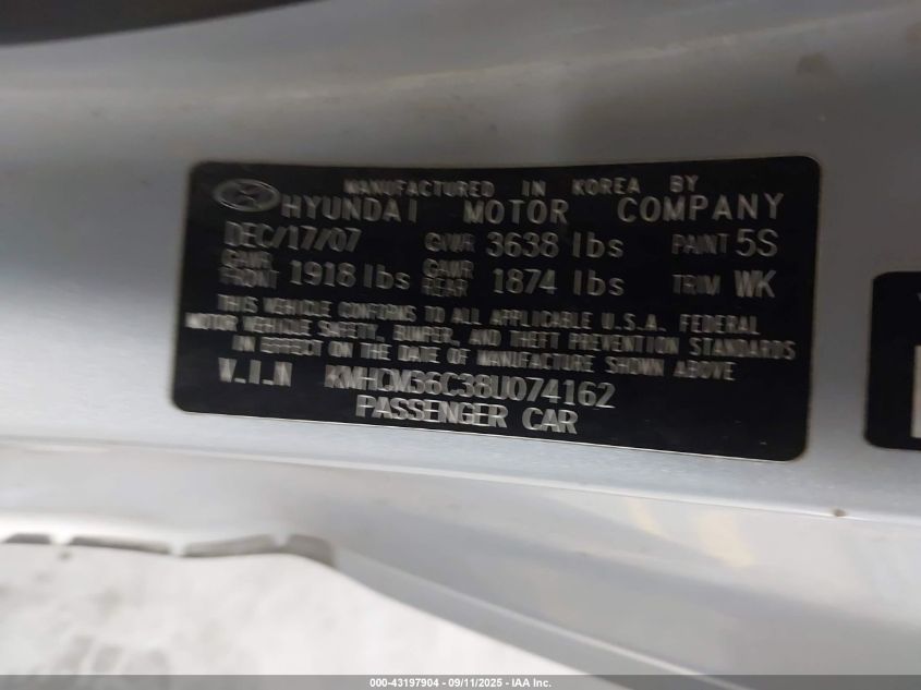 2008 Hyundai Accent Gs VIN: KMHCM36C38U074162 Lot: 43197904