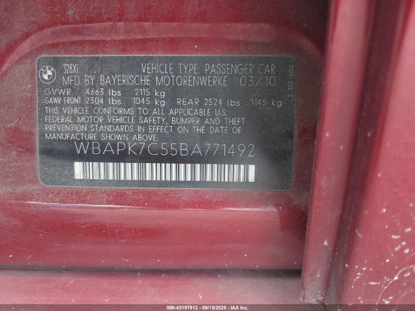 2011 BMW 328I xDrive VIN: WBAPK7C55BA771492 Lot: 43197912