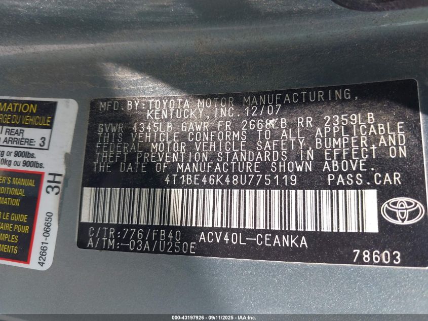 2008 Toyota Camry Le VIN: 4T1BE46K48U775119 Lot: 43197926