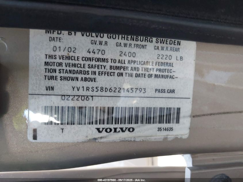 2002 Volvo S60 2.4T VIN: YV1RS58D622145793 Lot: 43197988
