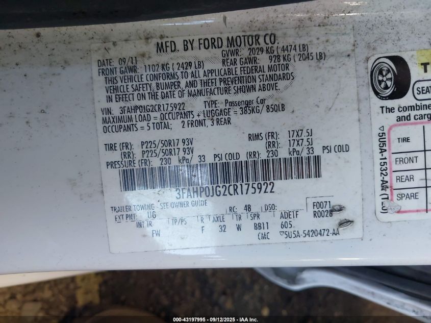 2012 Ford Fusion Sel VIN: 3FAHP0JG2CR175922 Lot: 43197995