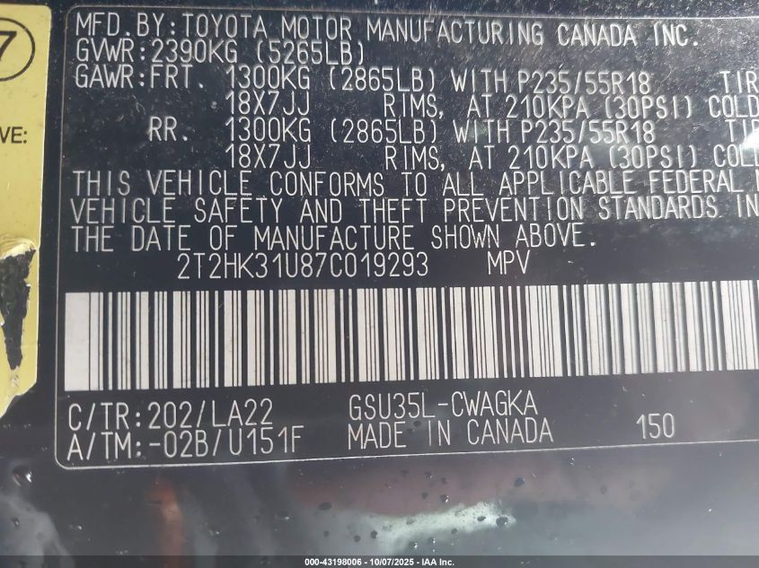 2007 Lexus Rx 350 VIN: 2T2HK31U87C019293 Lot: 43198006