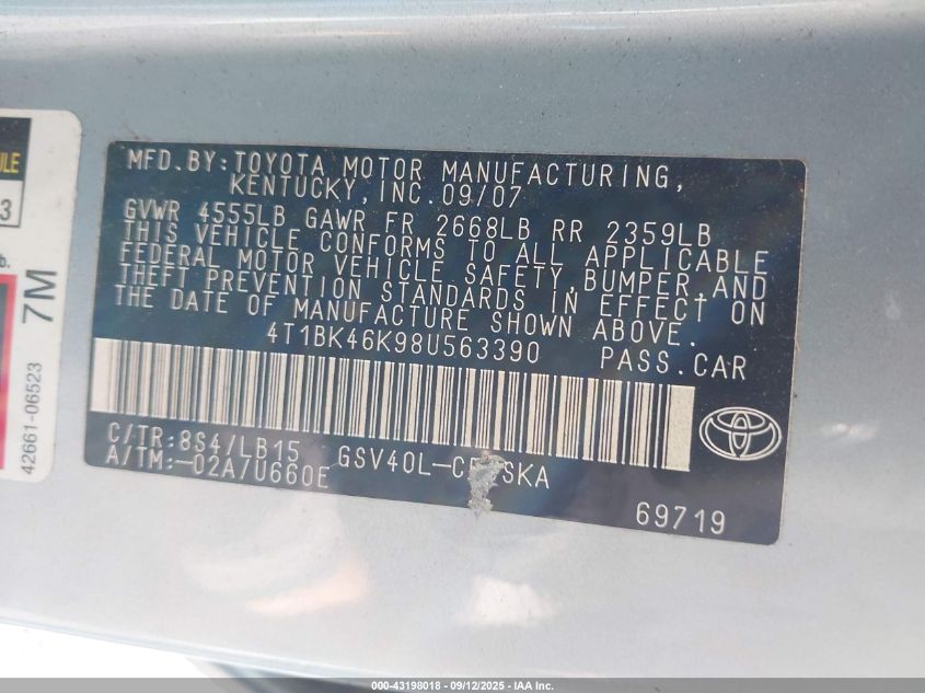 2008 Toyota Camry Se V6 VIN: 4T1BK46K98U563390 Lot: 43198018