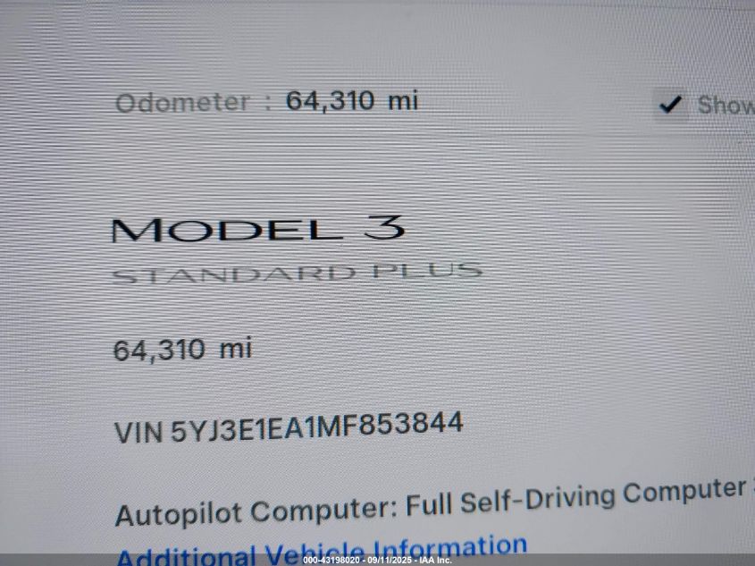 2021 Tesla Model 3 Standard Range Plus Rear-Wheel Drive VIN: 5YJ3E1EA1MF853844 Lot: 43198020