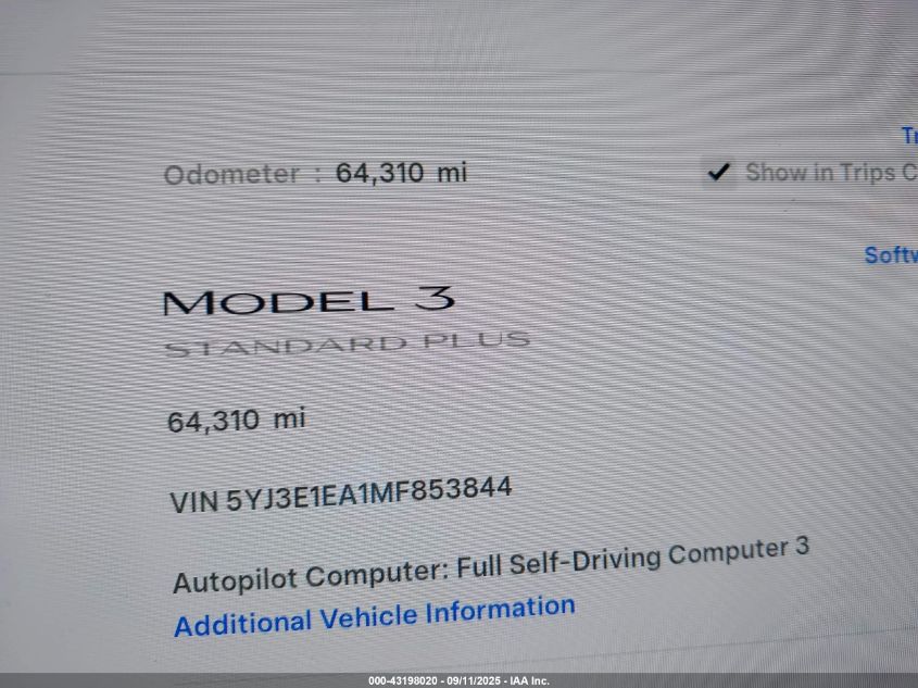 2021 Tesla Model 3 Standard Range Plus Rear-Wheel Drive VIN: 5YJ3E1EA1MF853844 Lot: 43198020