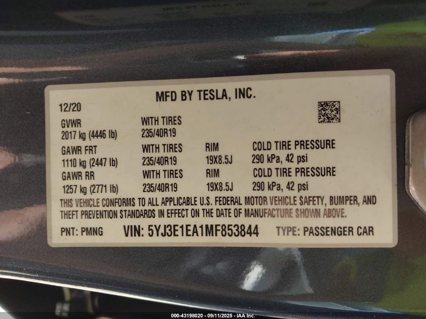 2021 Tesla Model 3 Standard Range Plus Rear-Wheel Drive VIN: 5YJ3E1EA1MF853844 Lot: 43198020