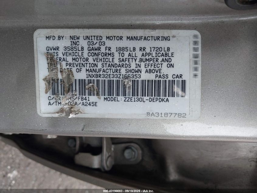 2003 Toyota Corolla Ce VIN: 1NXBR32E33Z166353 Lot: 43198083