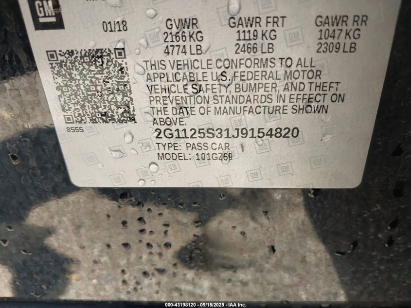 2018 Chevrolet Impala 2Lz VIN: 2G1125S31J9154820 Lot: 43198120