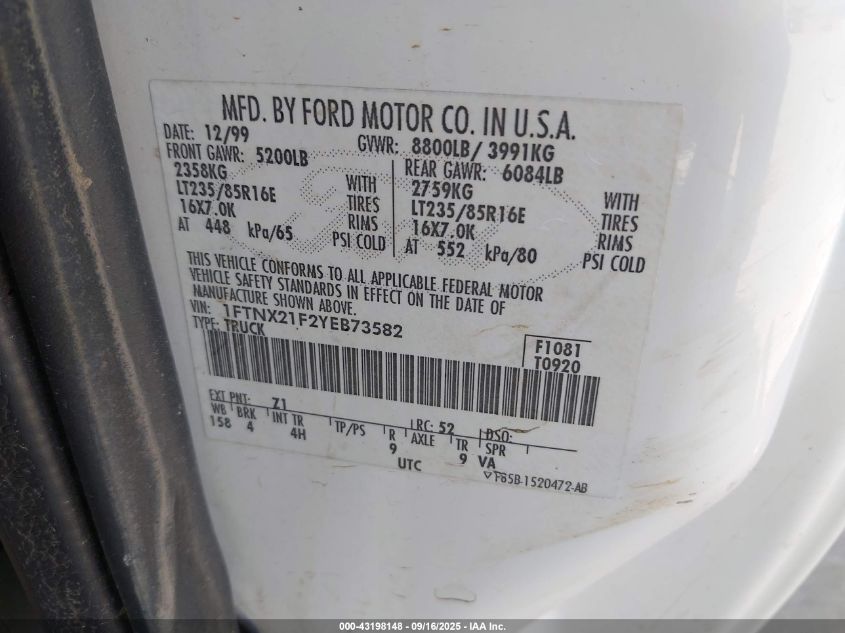 2000 Ford F-250 Lariat/Xl/Xlt VIN: 1FTNX21F2YEB73582 Lot: 43198148