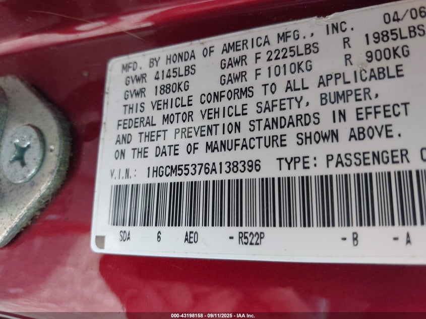1HGCM55376A138396 2006 HONDA ACCORD photo no. 9