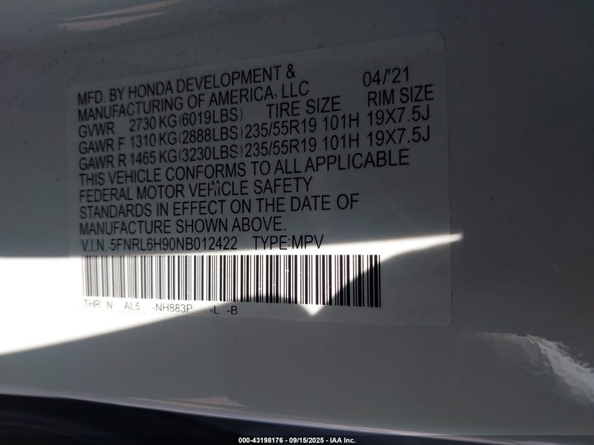 2022 HONDA ODYSSEY ELITE 5FNRL6H90NB012422