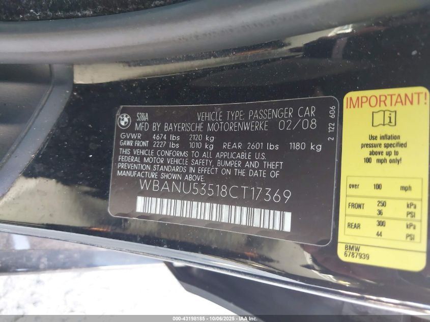 2008 BMW 528I VIN: WBANU53518CT17369 Lot: 43198185
