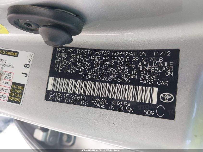 2013 Toyota Prius Two VIN: JTDKN3DU6D5565435 Lot: 43198199