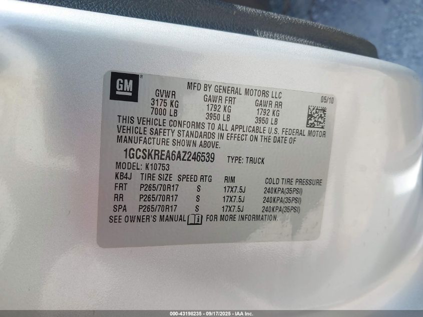 2010 Chevrolet Silverado 1500 Ls VIN: 1GCSKREA6AZ246539 Lot: 43198235