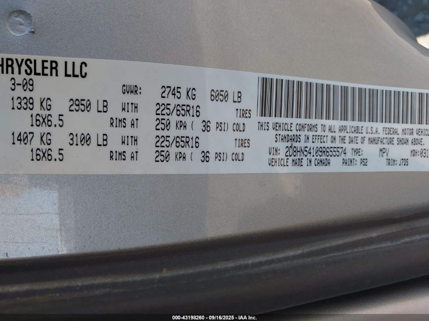 2009 Dodge Grand Caravan Sxt VIN: 2D8HN54109R655574 Lot: 43198260