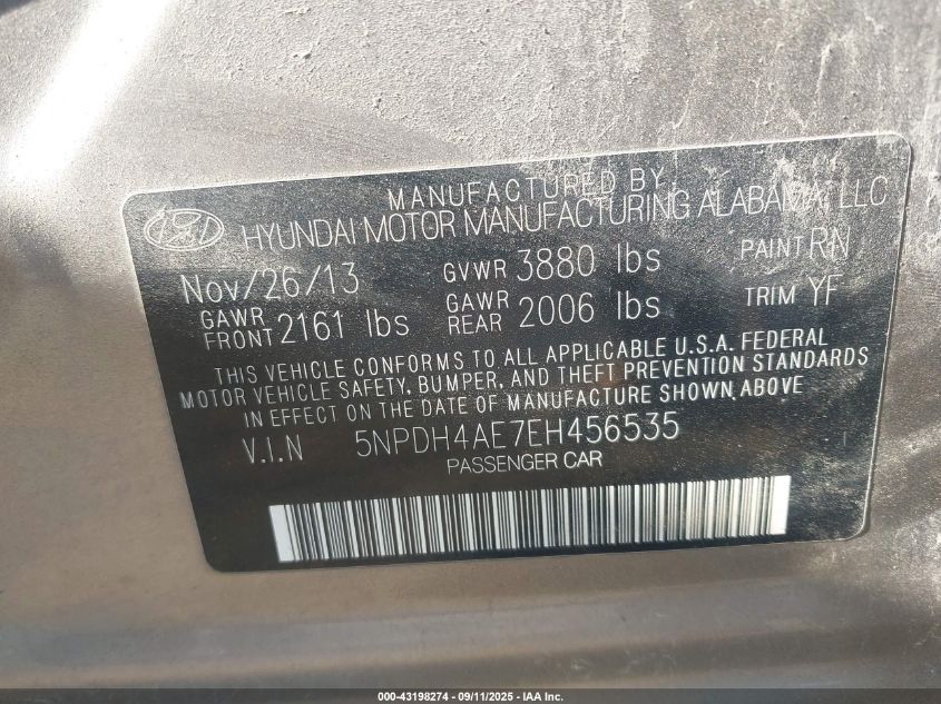 2014 Hyundai Elantra Gl VIN: 5NPDH4AE7EH456532 Lot: 43198274