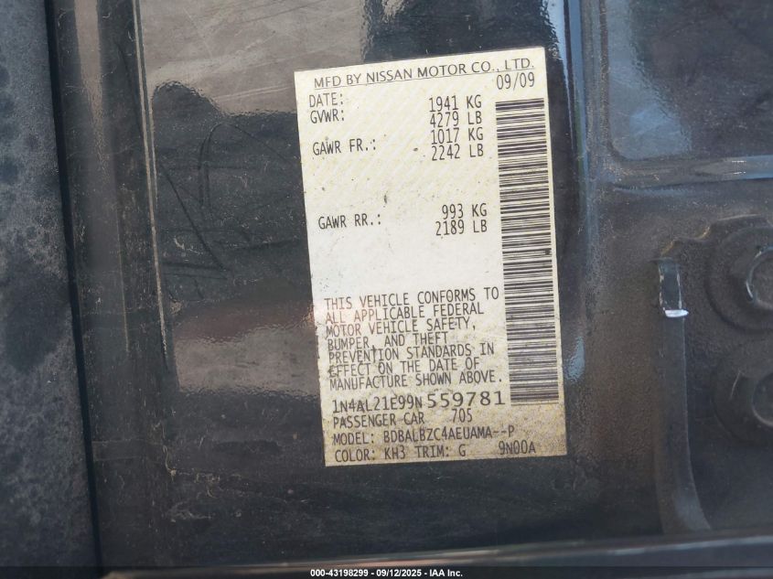 2009 Nissan Altima 2.5 S VIN: 1N4AL21E99N559781 Lot: 43198299