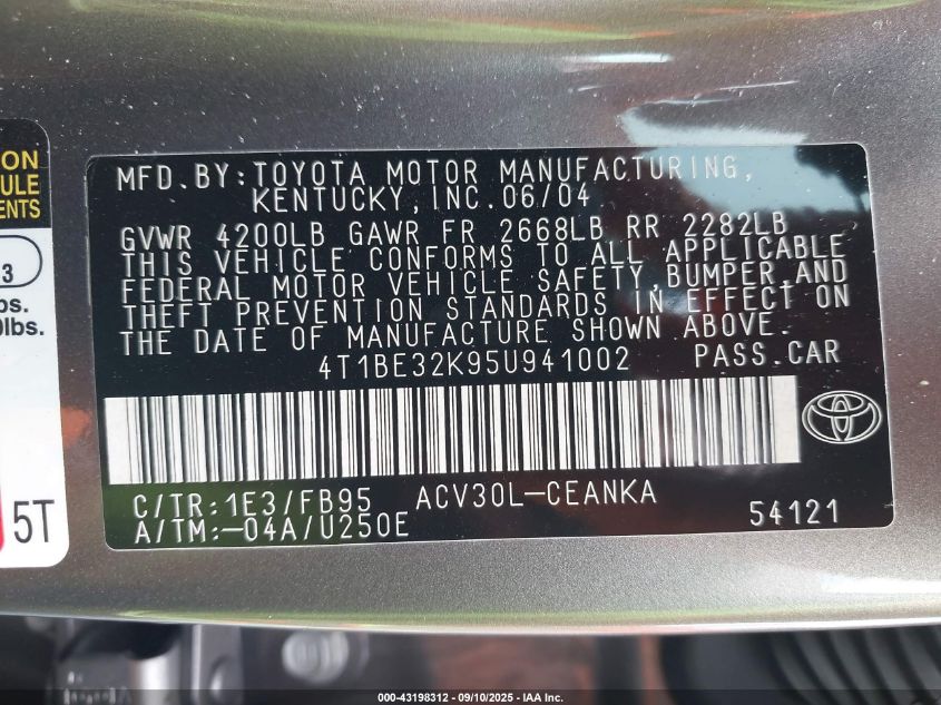 2005 Toyota Camry Std VIN: 4T1BE32K95U941002 Lot: 43198312