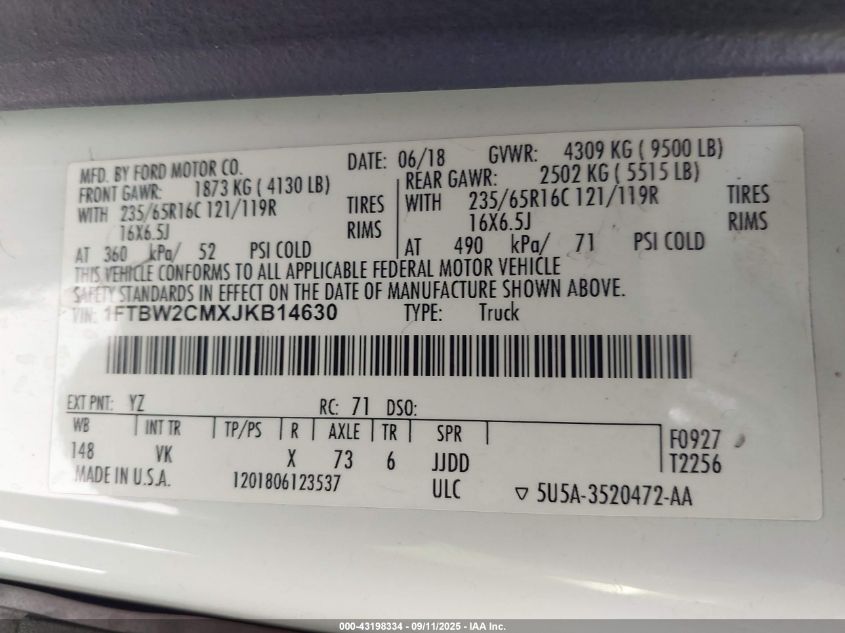 2018 Ford Transit-350 VIN: 1FTBW2CMXJKB14630 Lot: 43198334