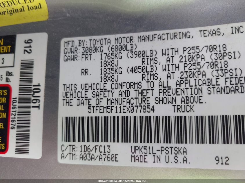 2014 Toyota Tundra Sr5 4.6L V8 VIN: 5TFEM5F11EX077854 Lot: 43198354