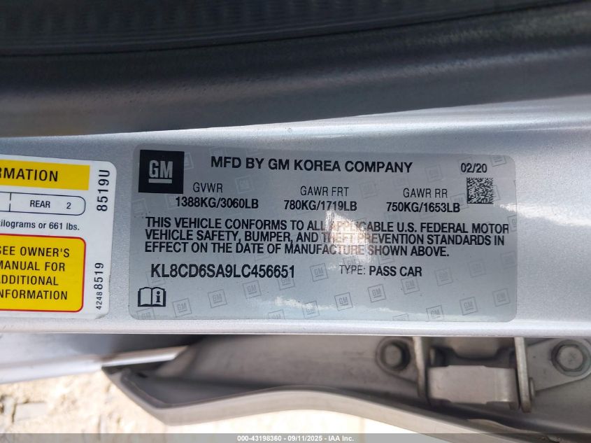 2020 Chevrolet Spark Fwd 1Lt Automatic VIN: KL8CD6SA9LC456651 Lot: 43198360