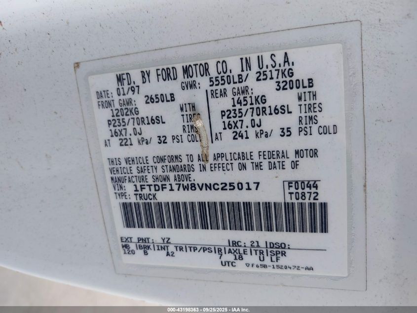 1997 Ford F-150 Lariat/Standard/Xl/Xlt VIN: 1FTDF17W8VNC25017 Lot: 43198363