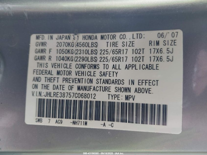 2007 Honda Cr-V Ex-L VIN: JHLRE38757C068012 Lot: 43198385
