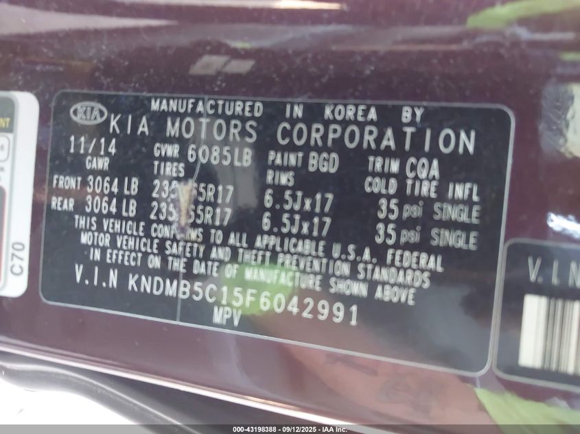 2015 Kia Sedona Lx VIN: KNDMB5C15F6042991 Lot: 43198388