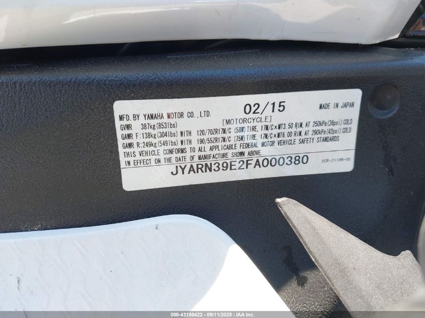 2015 Yamaha Yzfr1 VIN: JYARN39E2FA000380 Lot: 43198422
