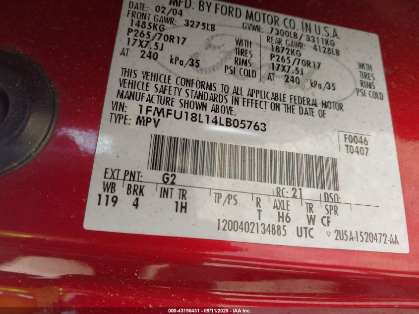 2004 Ford Expedition Eddie Bauer VIN: 1FMFU18L14LB05763 Lot: 43198431