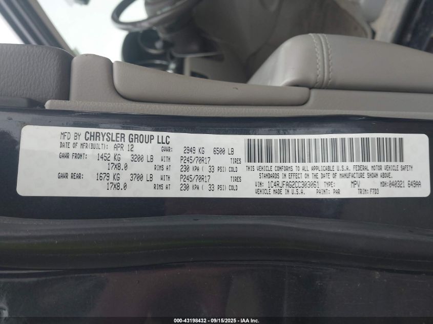 2012 Jeep Grand Cherokee Laredo VIN: 1C4RJFAG2CC303061 Lot: 43198432