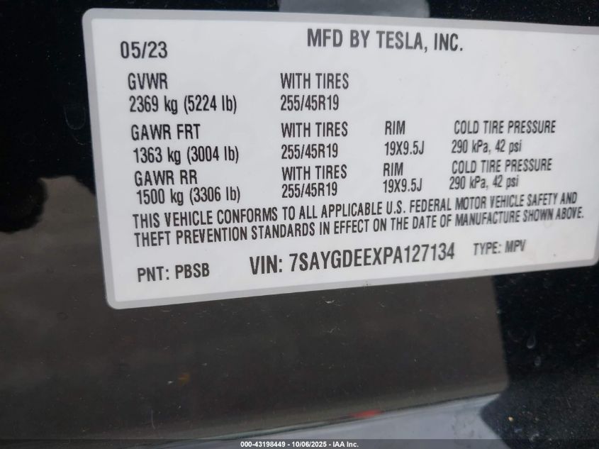 2023 Tesla Model Y Awd/Long Range Dual Motor All-Wheel Drive VIN: 7SAYGDEEXPA127134 Lot: 43198449