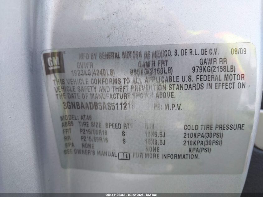 2010 Chevrolet Hhr Ls VIN: 3GNBAADB5AS511213 Lot: 43198468