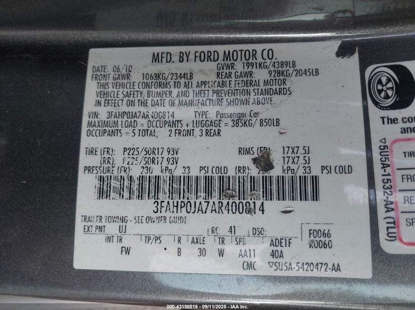 2010 Ford Fusion Sel VIN: 3FAHP0JA7AR400814 Lot: 43198516