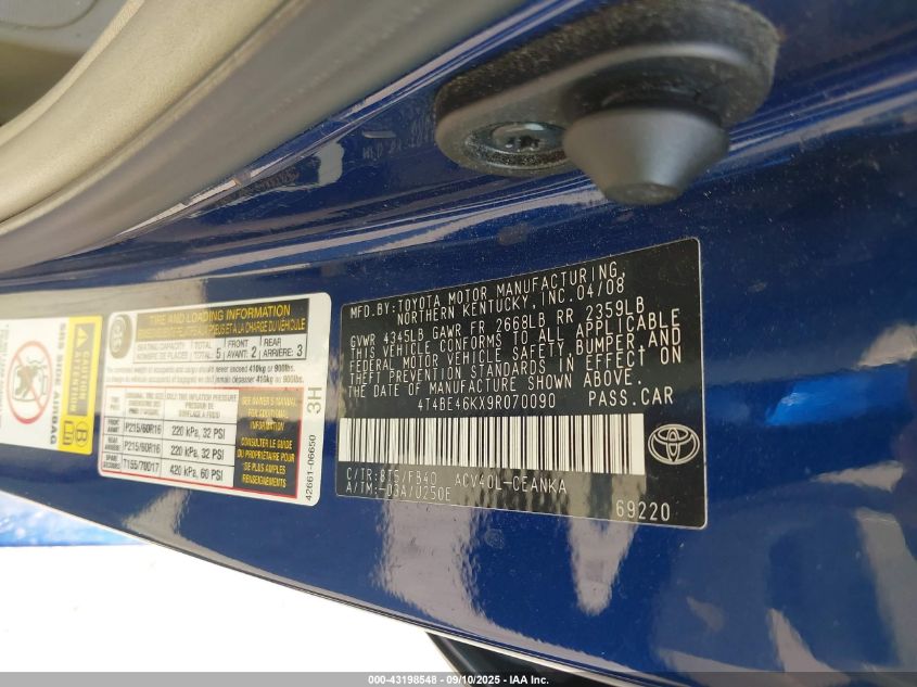 2009 Toyota Camry Le VIN: 4T4BE46KX9R070090 Lot: 43198548
