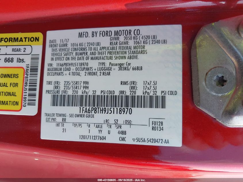 2018 Ford Mustang Ecoboost VIN: 1FA6P8TH9J5118970 Lot: 43198605