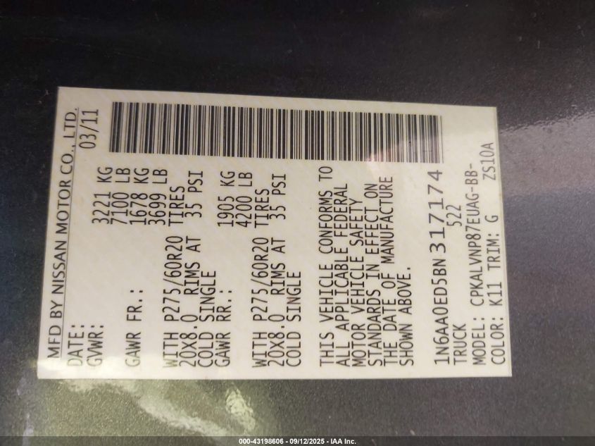 2011 Nissan Titan Sl VIN: 1N6AA0ED5BN317174 Lot: 43198606