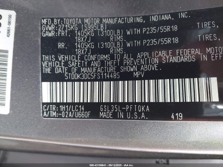 2015 Toyota Sienna Xle Premium 7 Passenger VIN: 5TDDK3DC5FS114485 Lot: 43198641