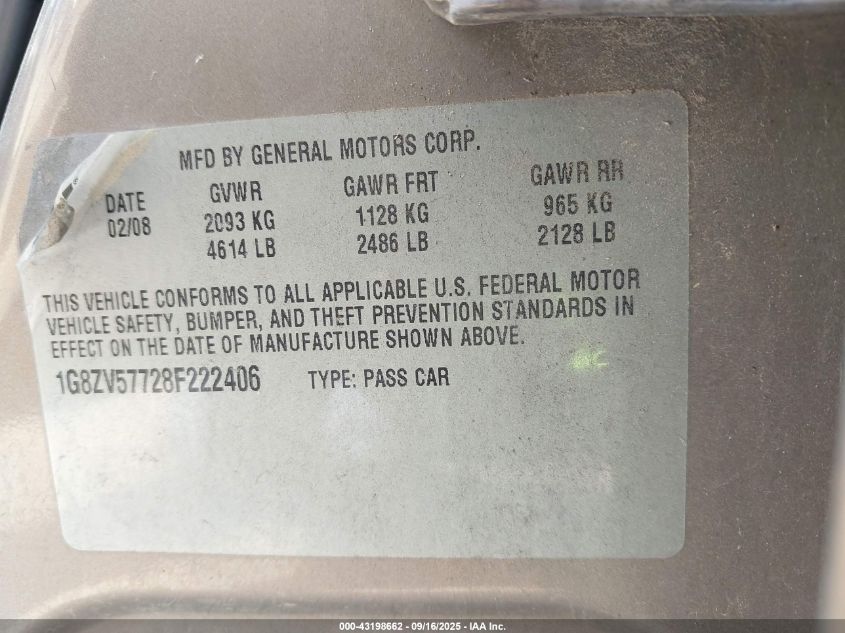 2008 Saturn Aura Xr VIN: 1G8ZV57728F222406 Lot: 43198662