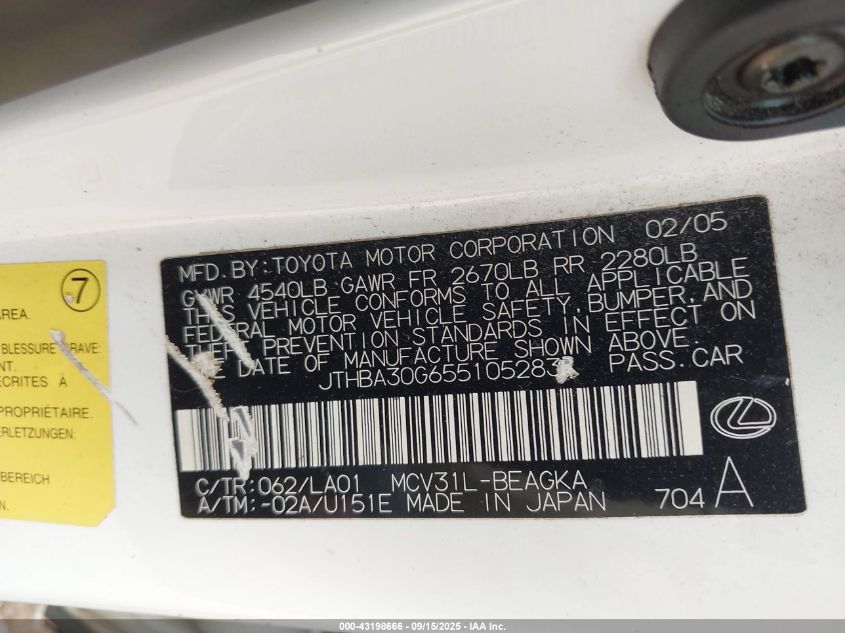 2005 Lexus Es 330 VIN: JTHBA30G655105283 Lot: 43198666