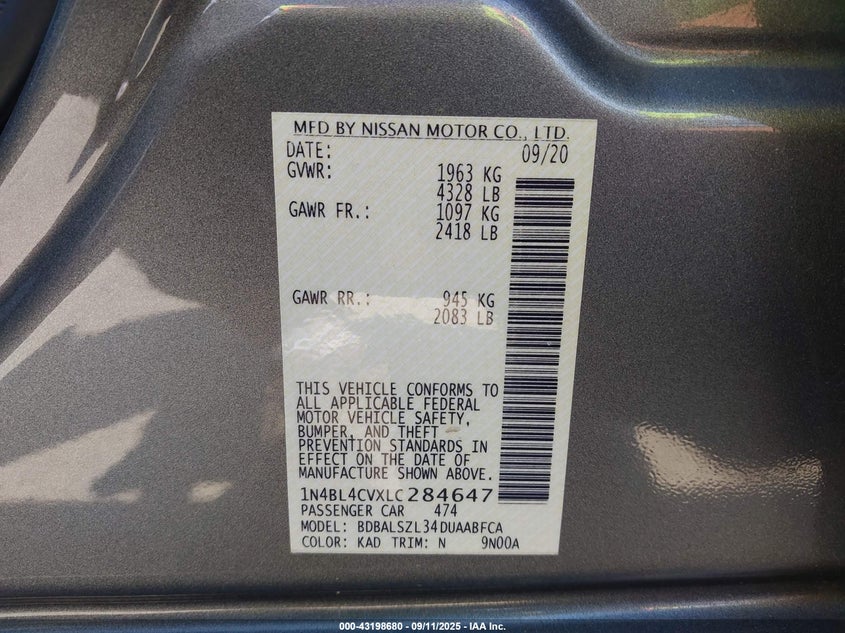 2020 NISSAN ALTIMA SR FWD - 1N4BL4CVXLC284647