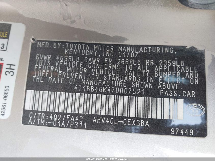 2007 Toyota Camry Hybrid VIN: 4T1BB46K47U007521 Lot: 43198683