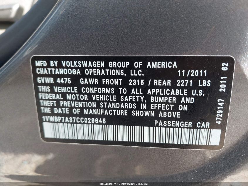 2012 Volkswagen Passat 2.5L Se VIN: 1VWBP7A37CC029646 Lot: 43198718