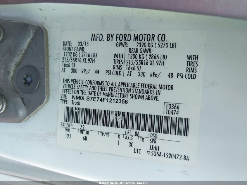 2015 Ford Transit Connect Xl VIN: NM0LS7E74F1212356 Lot: 43198725