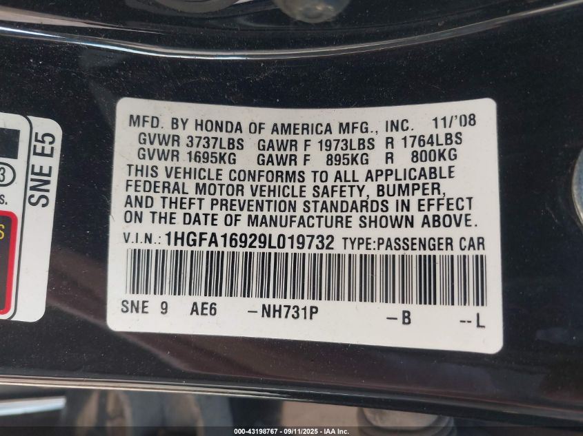 2009 Honda Civic Ex-L VIN: 1HGFA16929L019732 Lot: 43198767