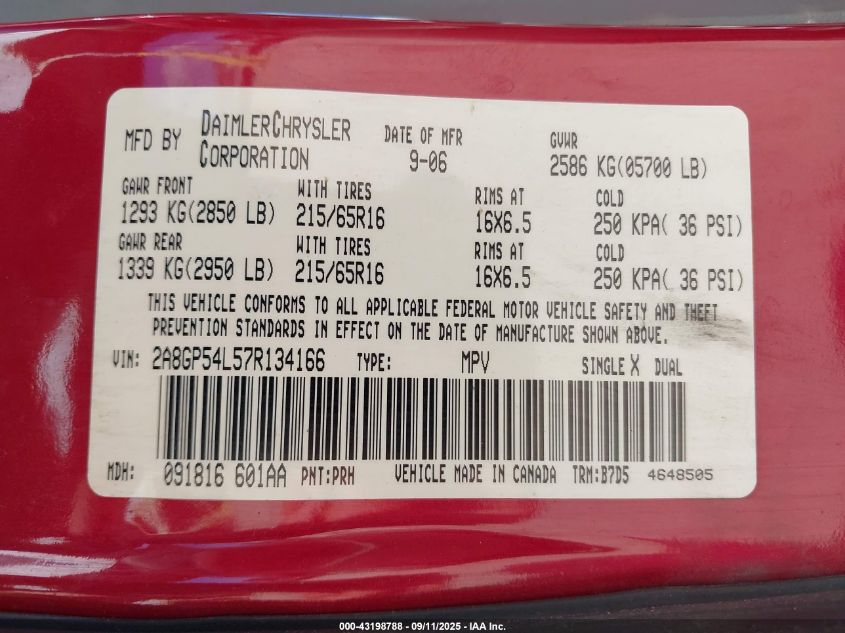 2007 Chrysler Town & Country Touring VIN: 2A8GP54L57R134166 Lot: 43198788
